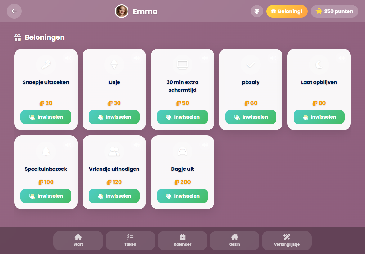 Chup beloningenscherm met punten en beschikbare beloningen
