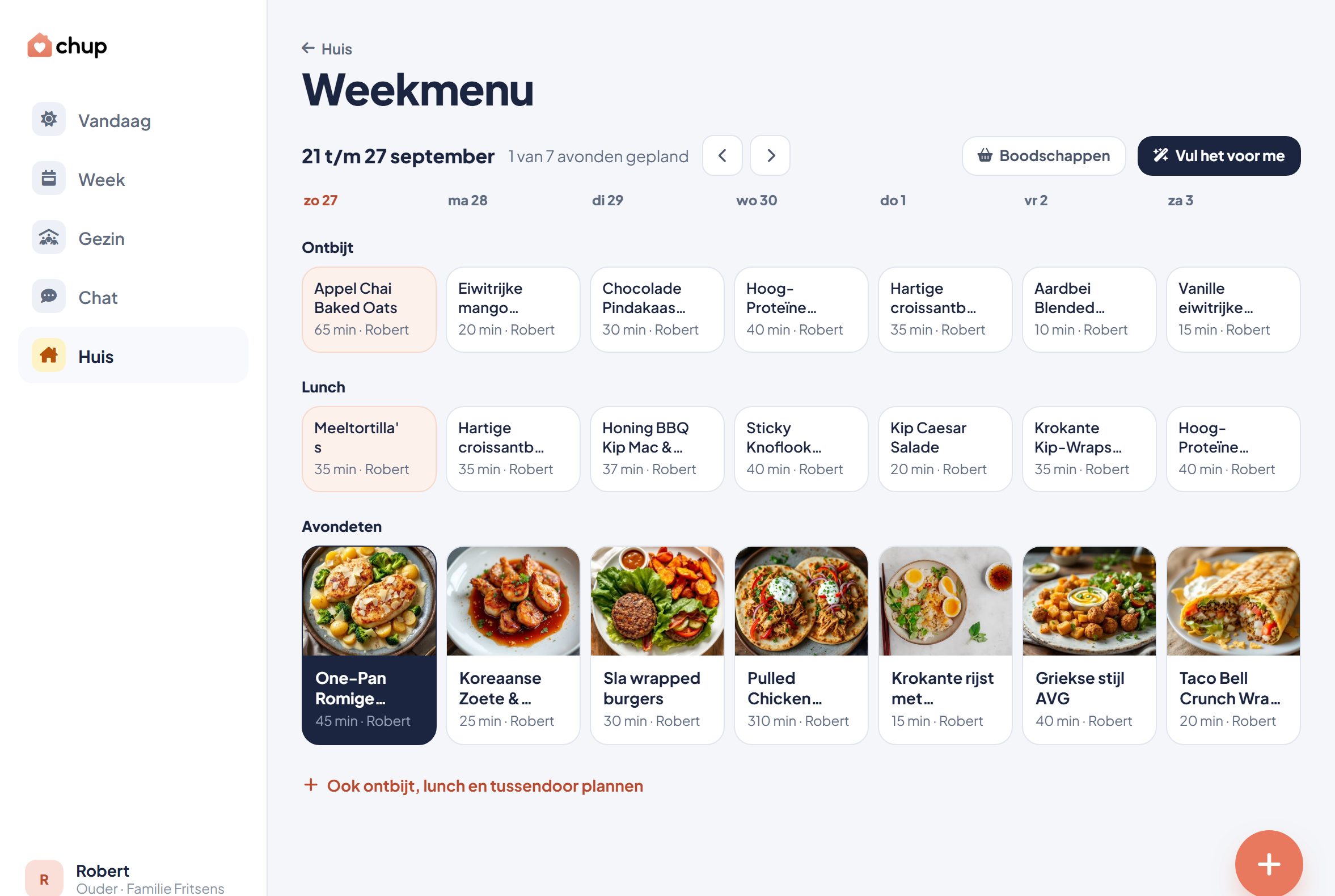 Weekmenu in Chup van 21 tot en met 27 september met ontbijt, lunch en avondeten per dag