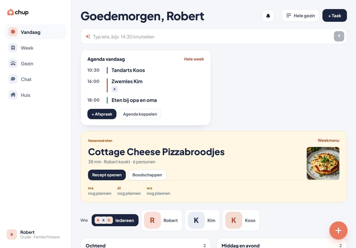 Chup in de browser met de agenda van vandaag, een knop naar de hele week en wat er vanavond gegeten wordt